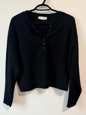 RD Style Black Cropped Waffle Henley Top Small